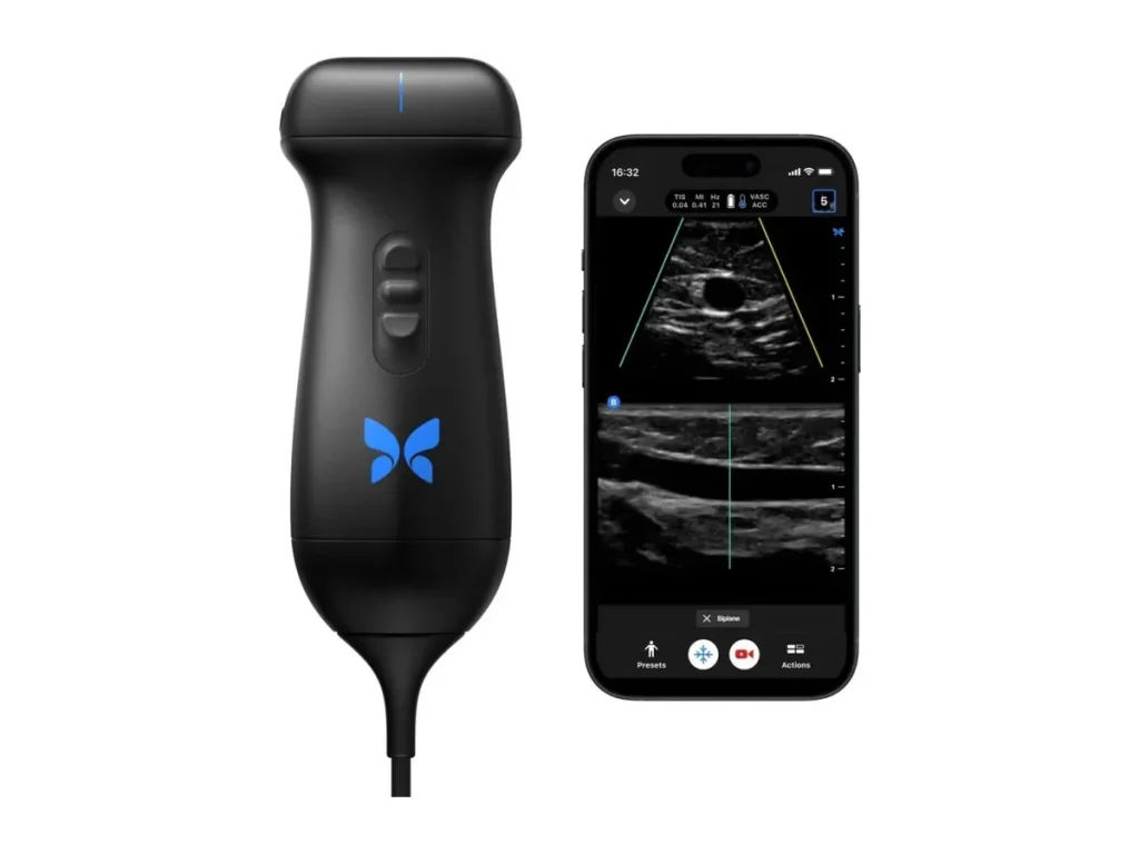 butterfly iq3 single probe handheld ultrasound with the butterfly app on a phone, mindray te air e5m alternative